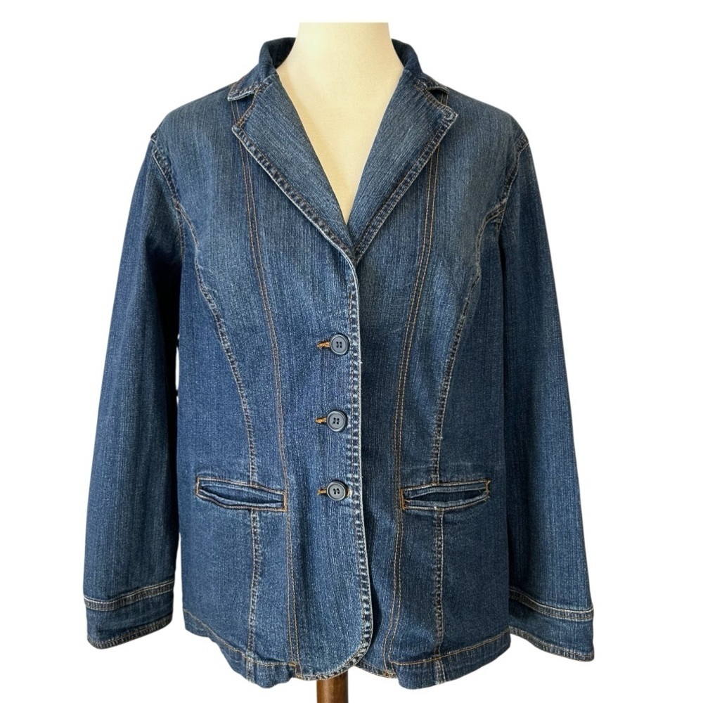 Y2K St Johns Bay Denim Blazer 1X Blue Button Front Notched Collar Travel Office
